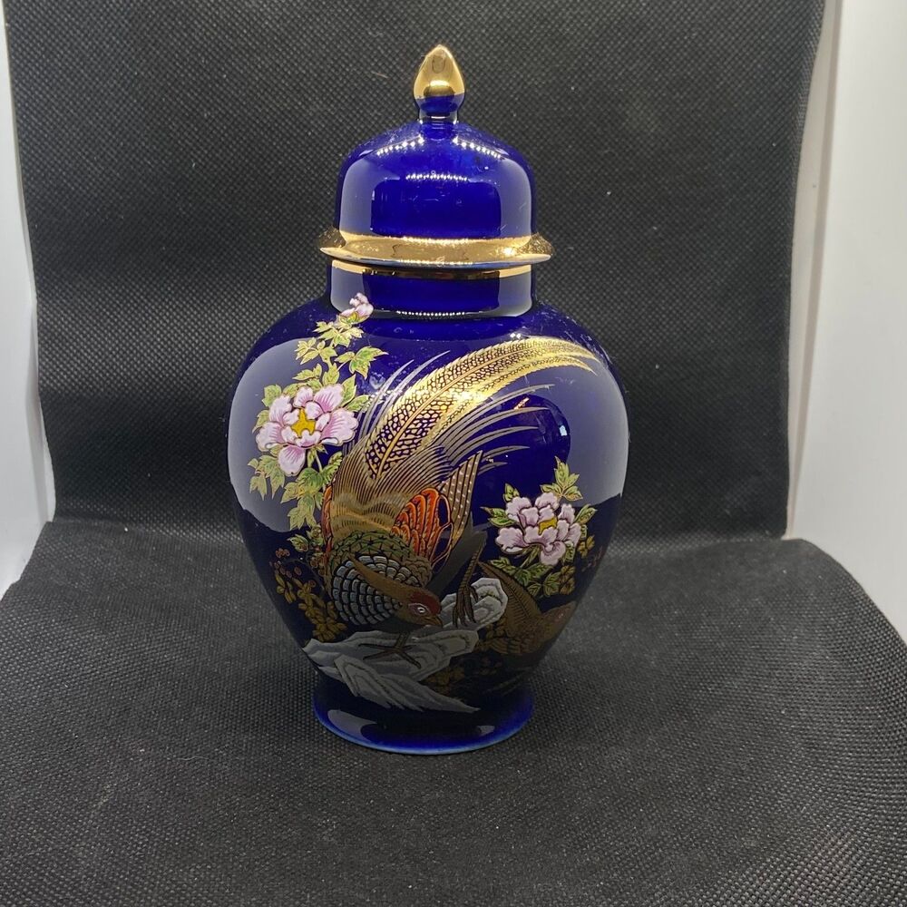 Cobalt Blue Ginger Jar w Lid | Japanese Kutani Style Gold Floral Bird Vase